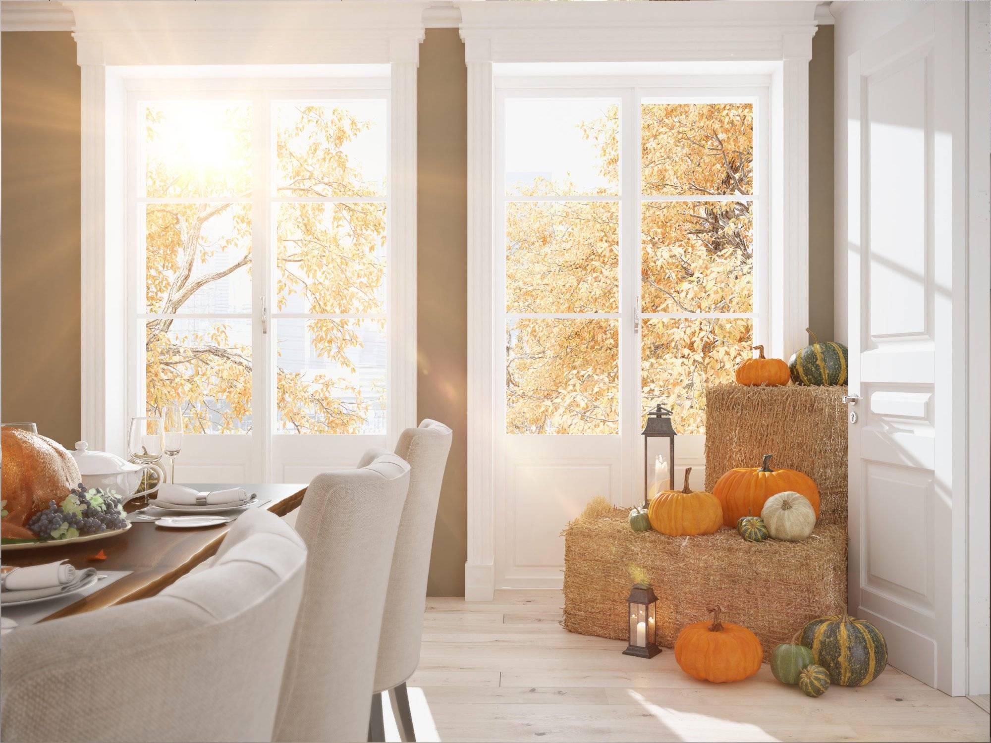 nordic kitchen in an apartment. 3D rendering. thanksgiving concept.